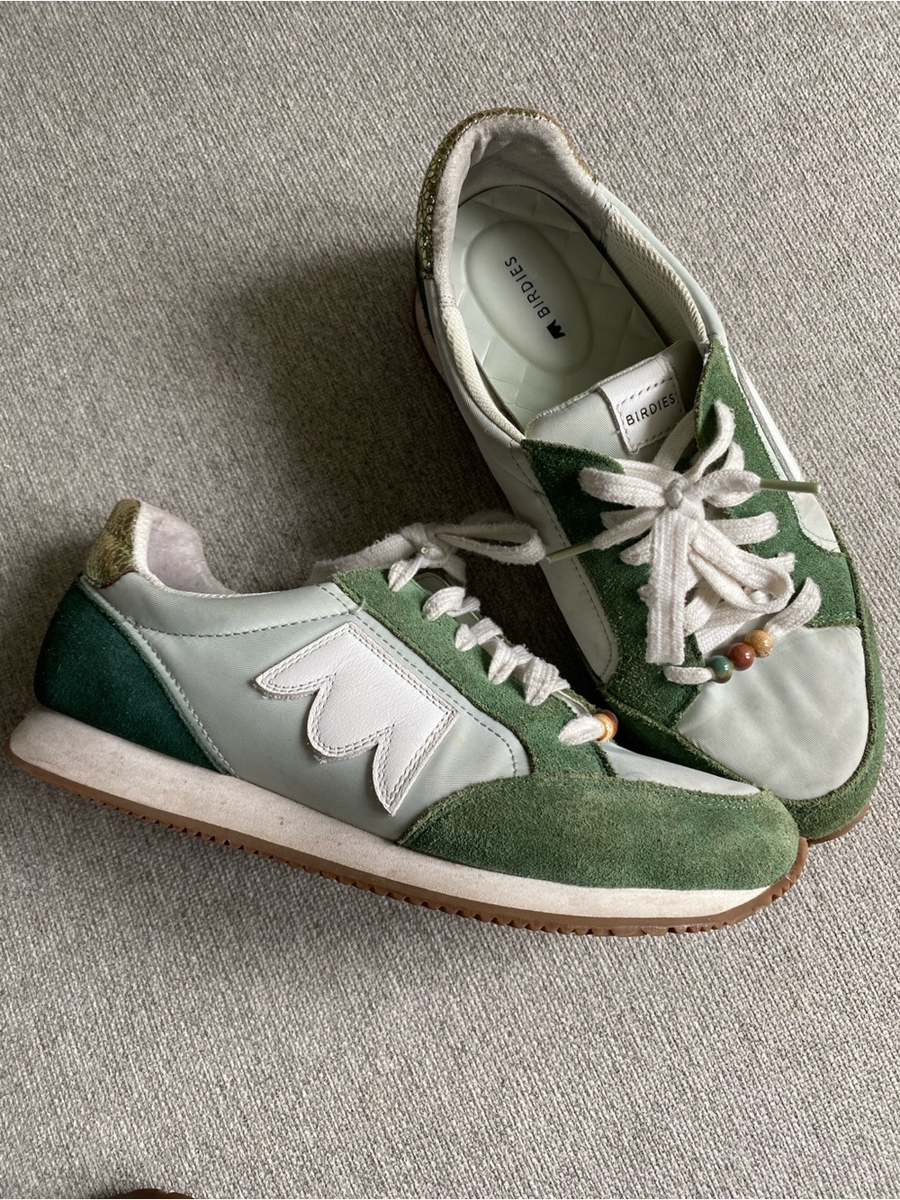 Birdies Green Suede & White Leather Women's Sneaker with Bead Detail